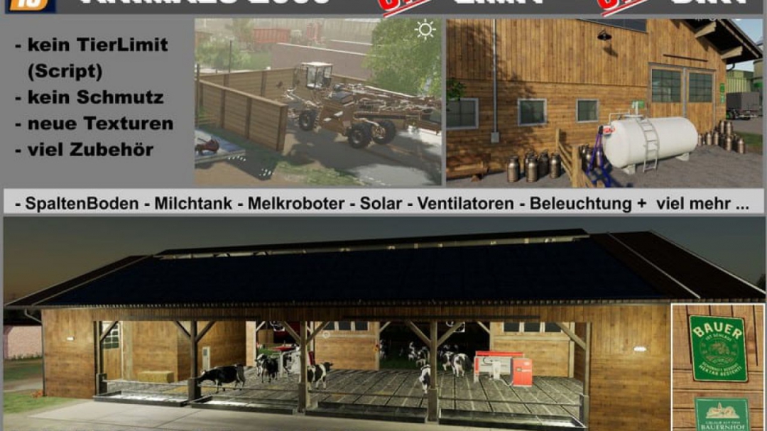 FS19 Cowshed 2000 without animal limit + no pollution + accessories v1.3.0