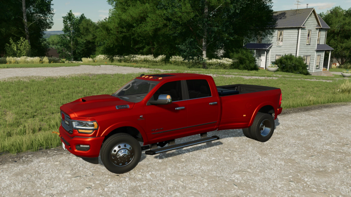 fs22-mods,  Red 2022 Ram 3500 DRW Limited parked in a rural setting. FS22 mod vehicle.