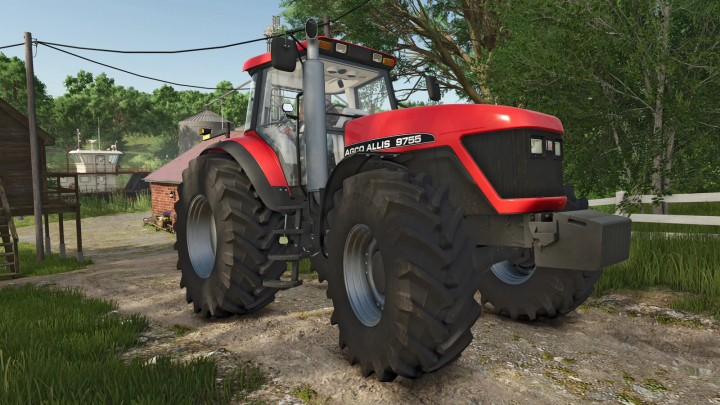 fs25-mods,  AGCO Allis 9755 tractor mod in Farming Simulator 25, showcasing detailed design and large tires on a farm setting. FS25 mods.