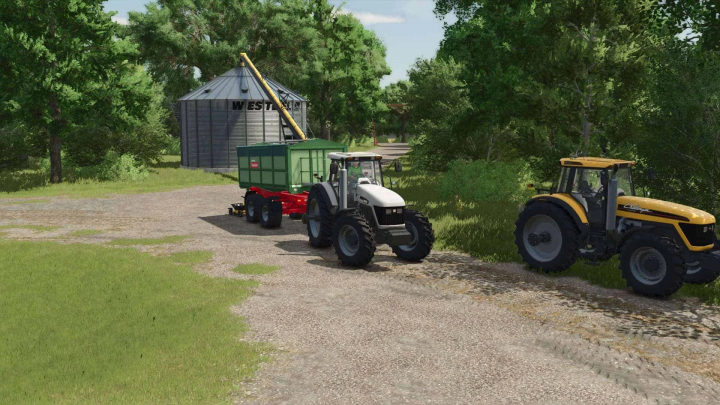 fs25-mods, Farming Simulator 25 mods: AGI Placeables feature two tractors near a grain silo.