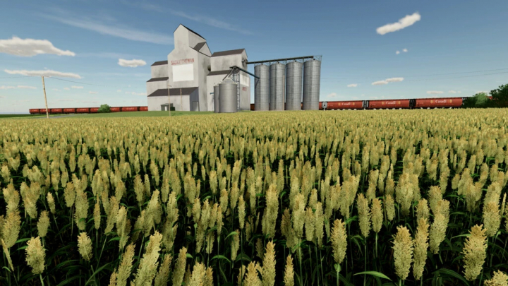 fs22-mods, FS22 Abbey Saskatchewan mod features a grain field and silo with railway cars.