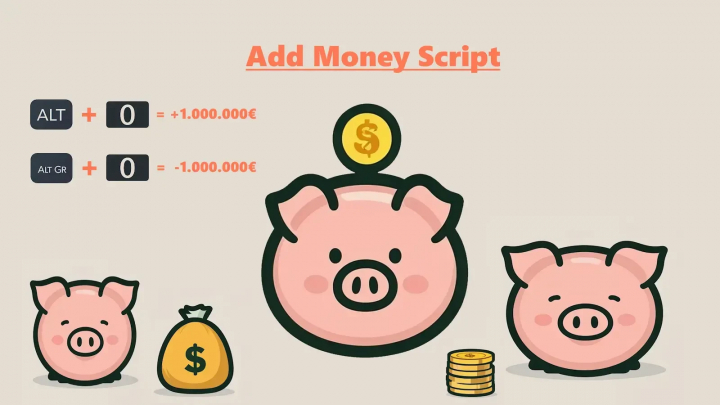 fs25-mods,  FS25 mod Add Money Script v1.0.0.0 image with piggy banks, coins, and keyboard shortcuts for adding or removing money.