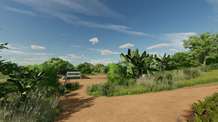 Scenic view of Canarinho Farm in FS22 mods, featuring lush greenery and a small building under a clear sky.