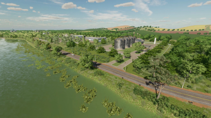 FS22 Canarinho Farm v1.0.0.0 mod features scenic landscape with silos, roads, and lush greenery along a river in Farming Simulator 22.