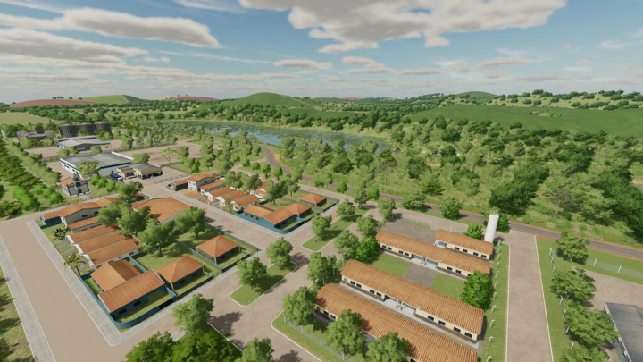 Aerial view of Canarinho Farm mod for FS22, showcasing countryside buildings and green landscapes. Farming Simulator 22 mods.