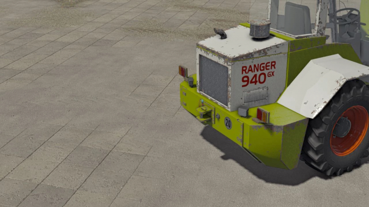 Claas Ranger 940 GX mod for FS22, showcasing detailed rear view on stone pavement.