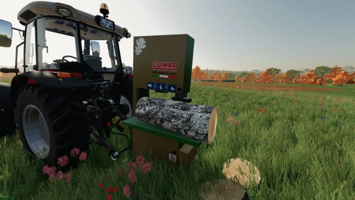 fs22-mods, FS22 mod Comap band saw v1.0.0.1 attached to tractor in field, Farming Simulator 22.