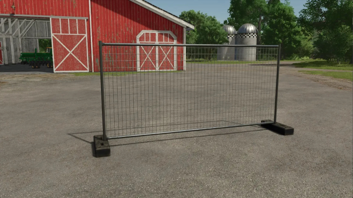 fs25-mods,  Construction fence mod in Farming Simulator 25 next to a red barn.