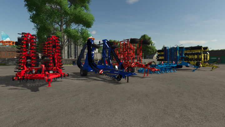 fs25-mods,  Various colorful cultivators from the Cultivator Pack mod in Farming Simulator 25 displayed in an outdoor setting.