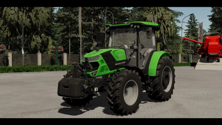 Deutz Fahr 6135C tractormod in FS22, met gedetailleerd ontwerp in een boerderijomgeving.