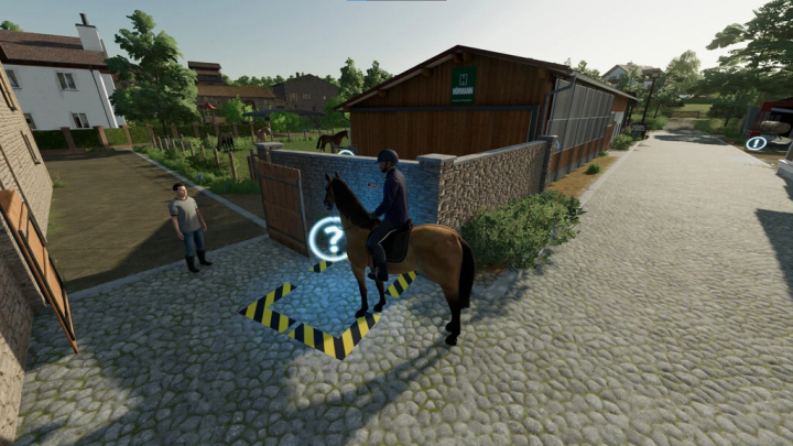 fs22-mods, Farming Simulator 22 mod Doorbell v1.0.0.0: rider on horse near a farm gate with interactive question mark, buildings in background.