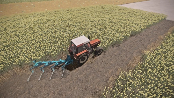 fs22-mods, FS22 mods: Tractor using Overum 4 plow in a field in Farming Simulator 22, version 1.0.0.0.