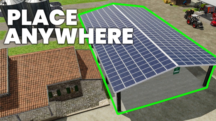 fs25-mods,  FS25 Place Anywhere-Mod zeigt eine Solaranlage neben Farmgebäuden in Farming Simulator 25.