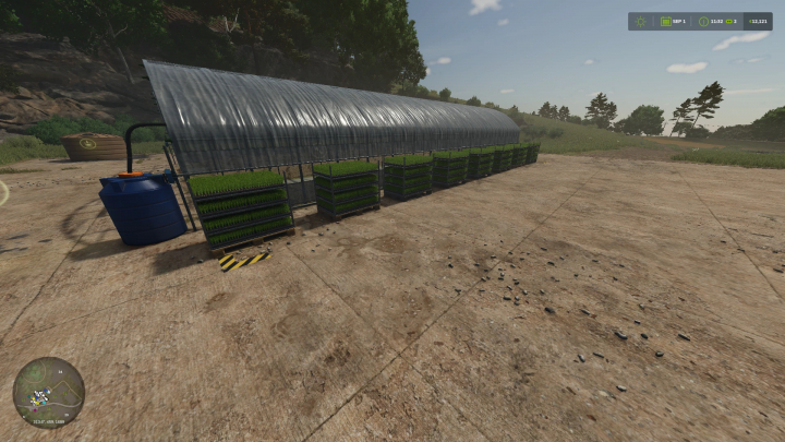 fs25-mods,  FS25 mod Faster Productions v1.0.0.0 showing greenhouse and water tank setup.