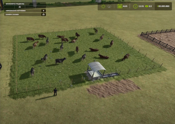 fs25-mods,  FS25 mod showing cows grazing in a fenced pasture with a small shelter from Fed Mod Pack V1.0.0.0.