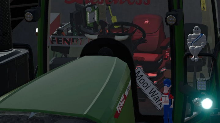 Close-up of a Fendt 1000 Vario tractor cab in FS22 mods, featuring interior details and decor.