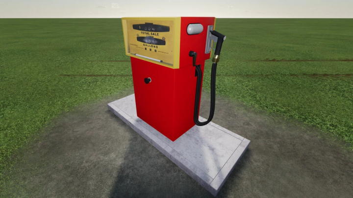 fs22-mods, FS22 mod Fuel Selling Station v1.0.0.0 showing a vintage red fuel pump on a grass field in Farming Simulator 22.