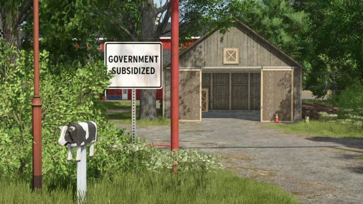 fs25-mods,  FS25 mod Government Subsidy v1.0.0.0: barn with subsidy sign and cow mailbox in lush landscape.