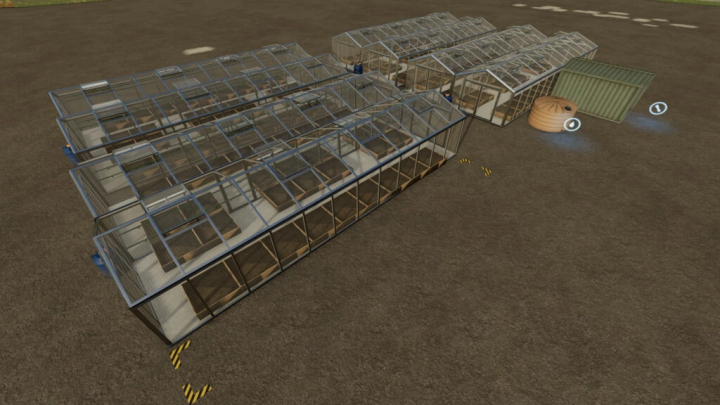 fs22-mods, FS22 Greenhouse Production mod featuring multiple glass greenhouses on a farm.