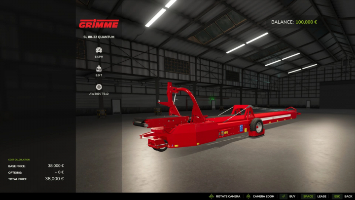 fs25-mods,  FS25 Grimme Pack mod v1.0.0.0 featuring red SL 80-22 Quantum harvester in a virtual garage.