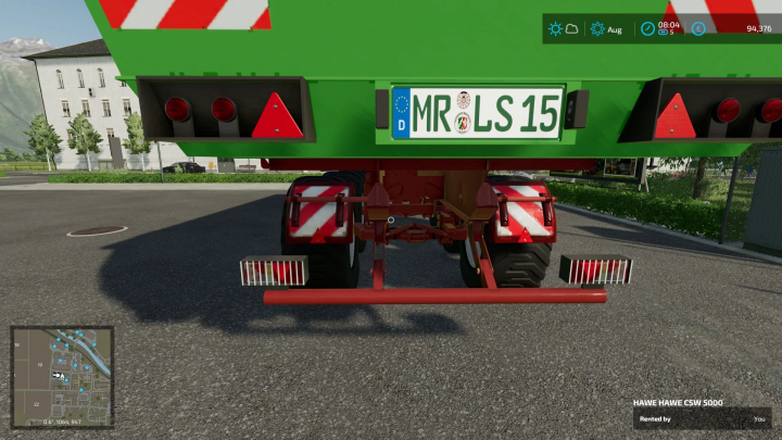 fs22-mods, FS22 mod Hawe csw 5000 v2.0.0.0 trailer rear view, featuring license plate and distinct red and white striped design.