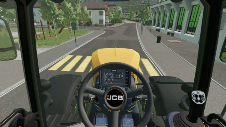 fs25-mods,  View from inside JCB Fastrac 8330 in FS25 mod, showing the dashboard and a road ahead.