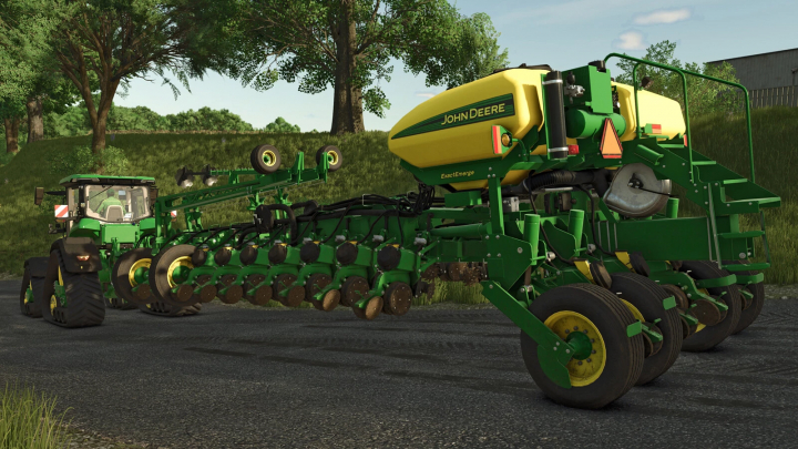 fs25-mods,  FS25 mod featuring John Deere 1775NT planter on a field road, highlighting farming equipment detail.