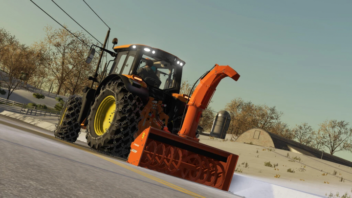 fs22-mods, John Deere 6M Series with snow blower mod in FS22, showcasing winter farming capabilities. Farming Simulator 22 mods.