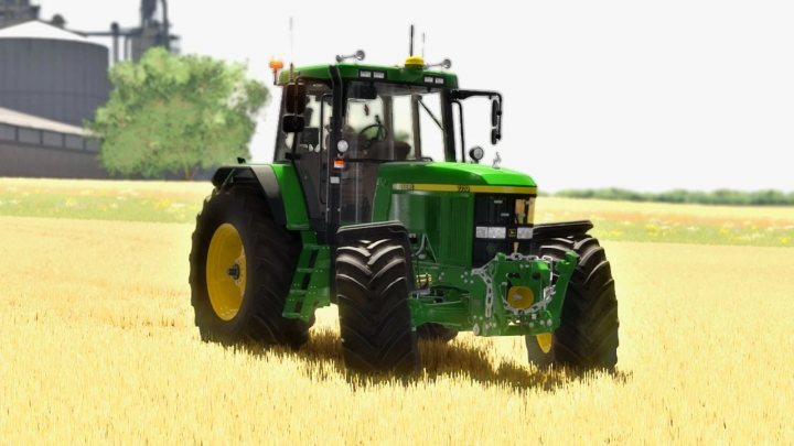 John Deere 7010 tractor mod for FS22 in a wheat field, showcasing Farming Simulator 22 mods.