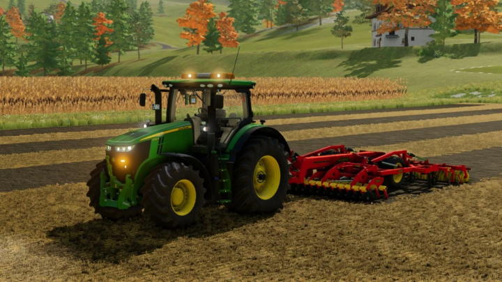 fs22-mods, FS22 mod John Deere 7R tractor with attachment on a harvested field in Farming Simulator 22.