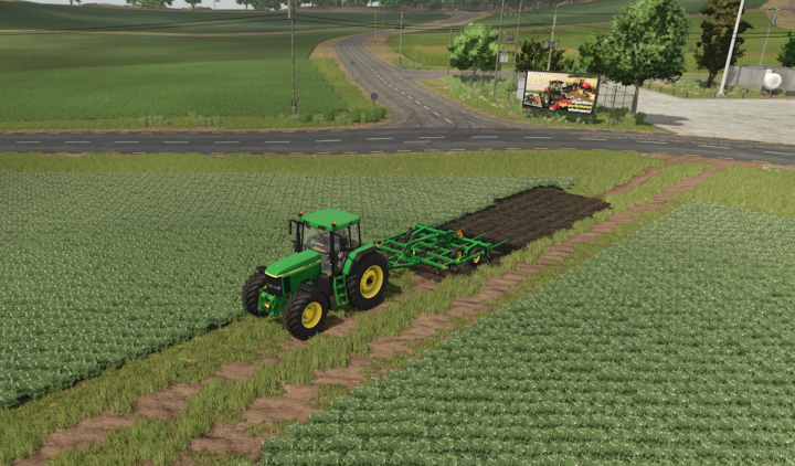 fs25-mods,  FS25 mod John Deere Cultivator v1.0.0.0 creating fields on a farm with green crops.