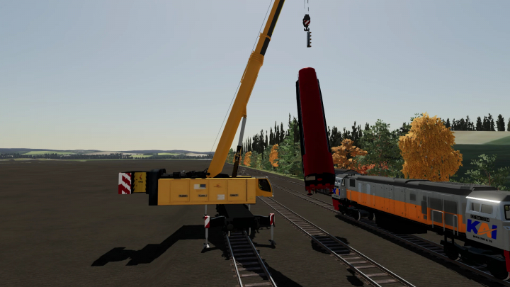 fs22-mods,  FS22 mod Kirow multitasker T1200 v1.4.0.0 with crane lifting train parts beside railway tracks in Farming Simulator 22.