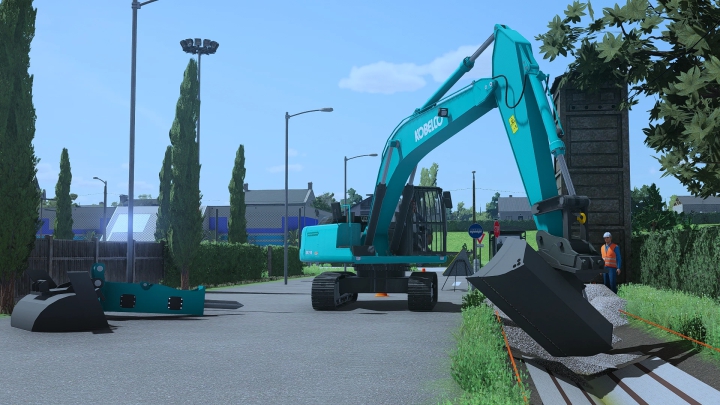 Mod FS22 excavateur Kobelco SK 210 travaillant sur la construction de routes dans Farming Simulator 22.