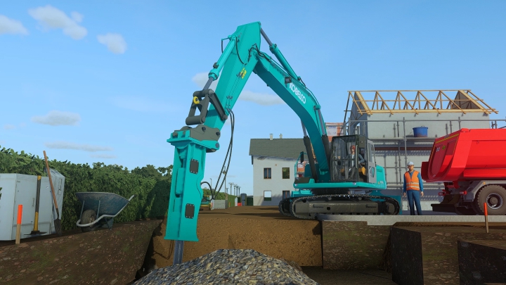 Image du mod FS22 de l'excavateur Kobelco SK 210 v1.0.0.0 sur un chantier avec un camion rouge et un ouvrier dans Farming Simulator 22.