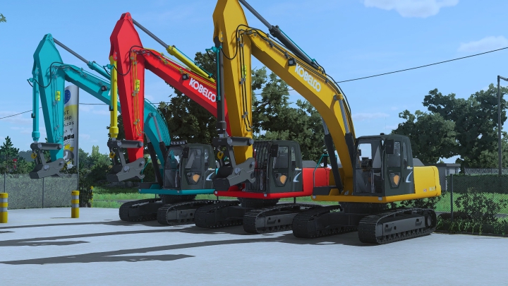 fs22-mods, FS22 mod Kobelco SK 210 v1.0.0.0 features three colorful excavators in a lineup, showcasing red, yellow, and teal equipment.