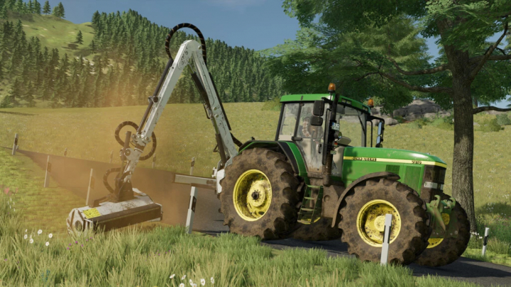 fs22-mods,  FS22 mod Lizard Energy v1.0.0.0 featuring a green tractor with an attached arm mowing grass in a countryside setting.