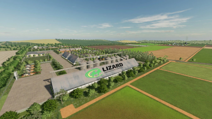 Aerial view of the Matopiba Map 2k24 mod in FS22, showcasing expansive farmland and Lizard Agriindustrial Corporation buildings.