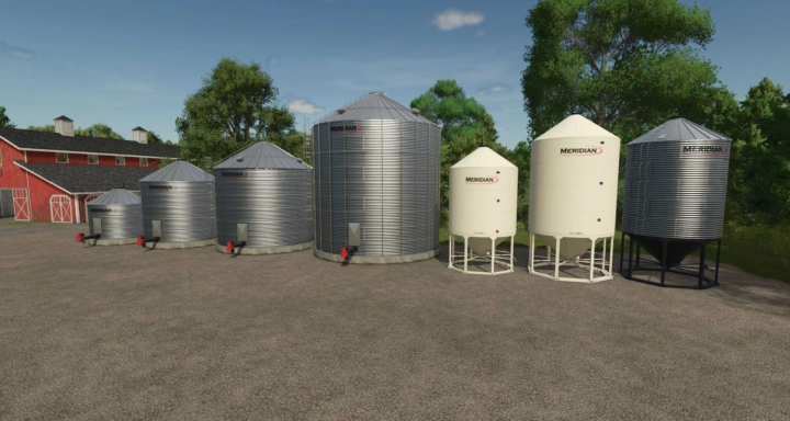 fs25-mods,  Meridian Grain Bin Pack v1.0.0.0 mod in FS25 featuring various metal and white storage bins in a farm setting.