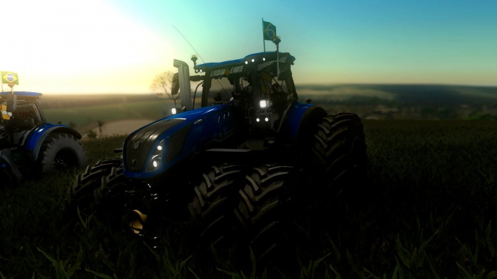 FS22 New Holland T7 HD Series BR BETA mod zeigt Traktoren bei Sonnenuntergang.