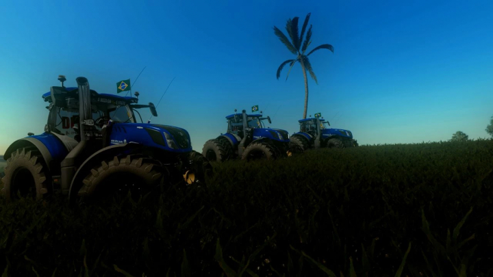 Drei New Holland T7 HD Series BR Traktoren auf einem Feld, FS22 Mods.