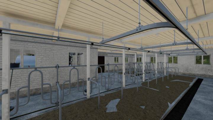 fs22-mods, Interior of Old Brick Cow Barn in FS22 mod, showcasing cattle stalls and wooden ceiling.