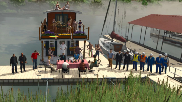 fs25-mods,  Sims gathered on a dock with a houseboat and sailboat in FS25 Placeable People Roleplay mod.