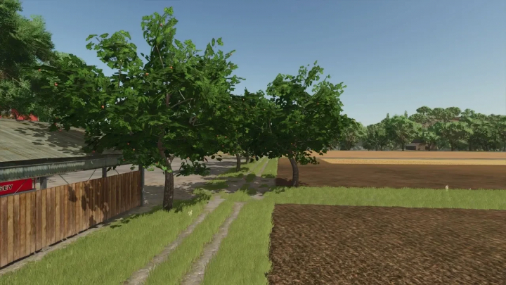 fs25-mods,  Mod alberi posizionabili in Farming Simulator 25 con verde rigoglioso accanto a un campo.