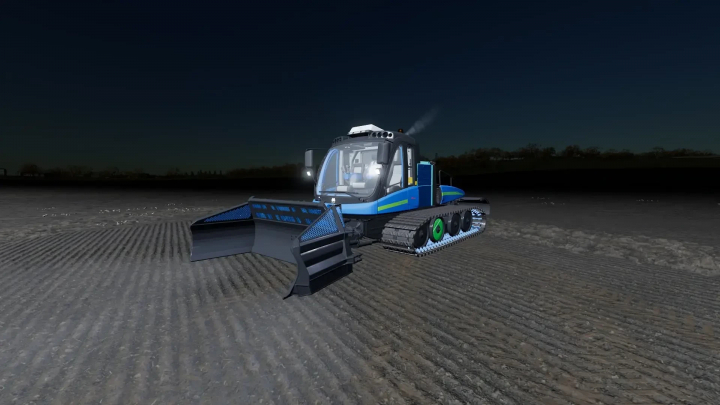 fs22-mods, Mod Prinoth Leitwolf Agripower v1.0.0.0 in FS22, scena notturna con veicolo cingolato blu su un campo.