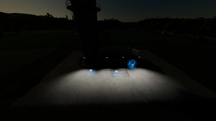 FS22 mod Processing Of Bales And Chaff at night with illuminated control points.