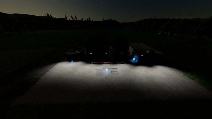 Nighttime scene of FS22 Processing Of Bales And Chaff mod with illuminated buildings in Farming Simulator 22.