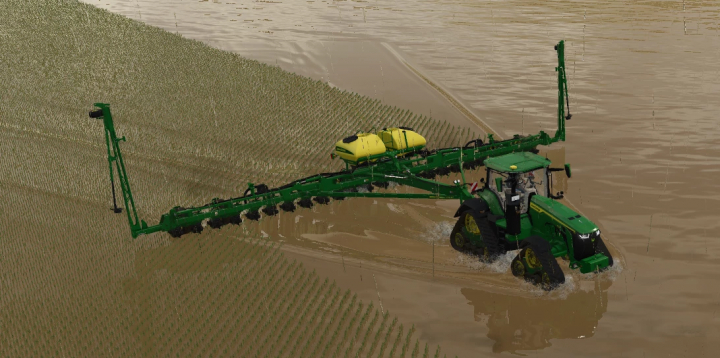 fs25-mods,  FS25 mod: John Deere rice planter v1.0.0.0 in a paddy field.