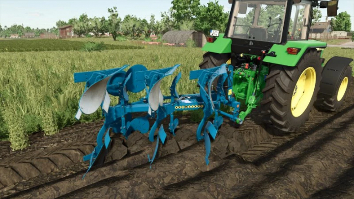 fs25-mods,  FS25 mod Rabe Supertaube v1.0.0.0, a blue plow attached to a tractor in Farming Simulator 25, tilling a field.