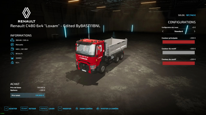 FS22 mod Renault C480 in garage menu, showing configurations and price options in Farming Simulator 22.