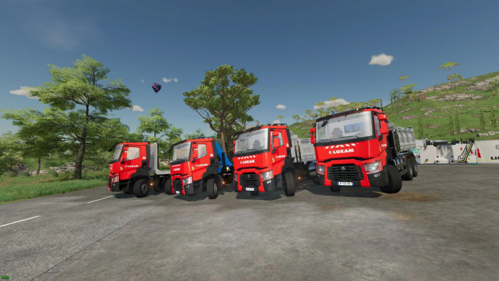 FS22 mods Renault C480 Public Works Pack v3.0.0.0 showcasing red trucks in a scenic outdoor setting.